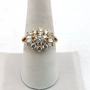 Estate Sterling Silver 925 Gold Tone Cluster Ring Size 8, Round & Baguette CZ